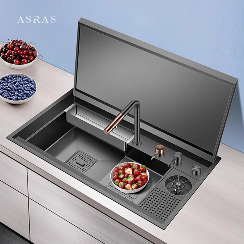 ASRAS Large Size Flip Cover Hidden Island Kitchen Sink 304 Stainless Steel 4mm Thickness Handmade Stepped Sink Cup Rinser Sinks