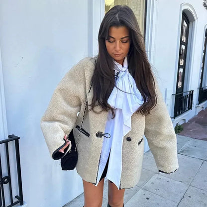 ZBZA Women's Faux Wool Jacket Loose Retro O-neck Single Breasted Long Sleeve Double Pocket Casual Overcoat Fall Winter Chic Coat