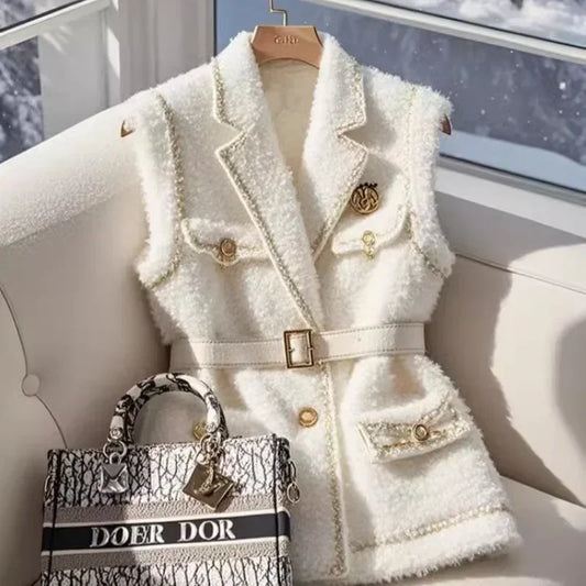 Frankreich Elegante Taille Gürtel Weiß Lamm Wolle Jacke Ärmellose Blazer Frauen Weste Formale Büro Dame Koreanische Mode Oberbekleidung