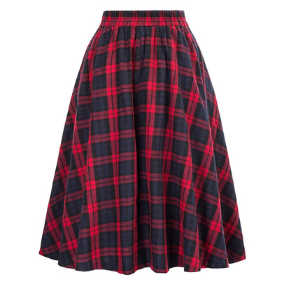 SISHION 2025 Autumn New A Line Swing Buttons Long Midi Vintage Skirt SS0037 Red Green High Waist Plaid Skirts for Women Jupe.