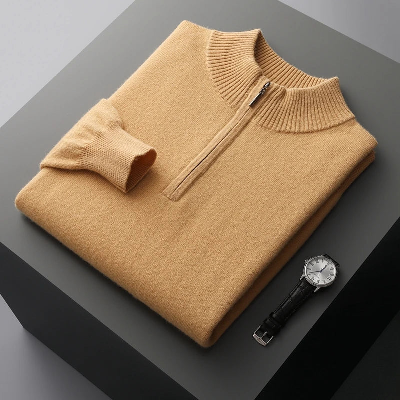 New Half Turtleneck Zipper Men's Pullover 100% Cashmere Sweater Solid Color Casual Versatile Wool Sweater Men's Clothing.