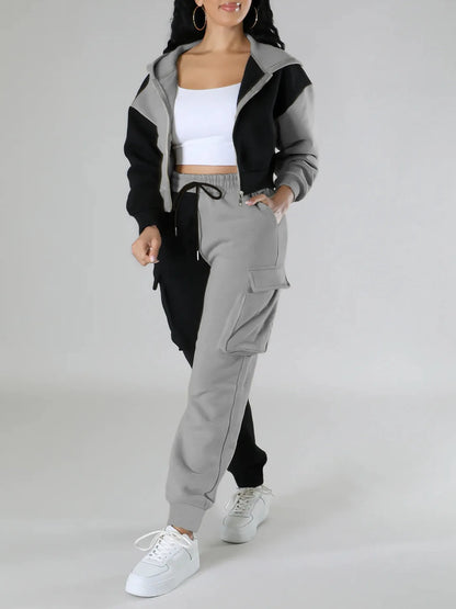 Women Loose Autumn Winter Two Pieces Suit Matching Sets Hoodie Tracksuit Blocked Zipper Short Outerwear Drawstring Cargo Pants.