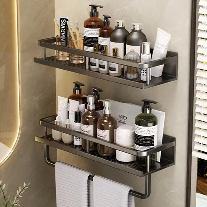 Bad Regal Make-Up Lagerung Organisatoren Aluminium Dusche Shampoo Handtuch Rack Regale Kein Bohrer Wand Regal Bad Zubehör