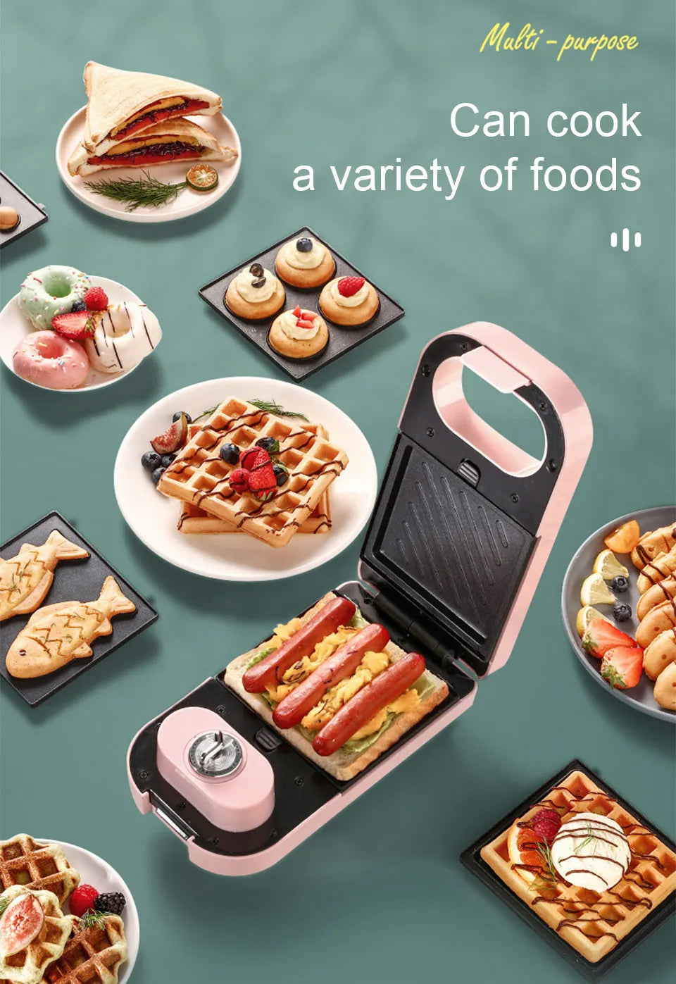Electric Sandwich Maker Breakfast Machine Household Light Food Multi-Function Waffle Maker Takoyaki Toast Donut Pressure Toaster.