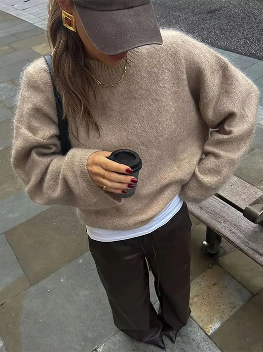 TRAFZA Frauen Elegante Solide O Neck Pullover Lose Beiläufige Langarm Gestrickte Pullover Sweatshirt Herbst Büro Dame Strickwaren Top