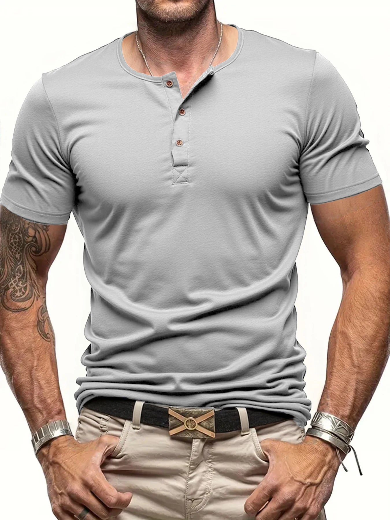 Men's Short Sleeve Henley Neck T-shirt Solid Color Male Tops Slim Fit Button Neck Casual Cozy Tshirt  Streetwear.
