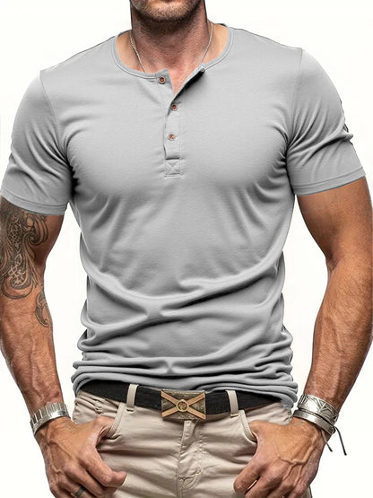 Men's Short Sleeve Henley Neck T-shirt Solid Color Male Tops Slim Fit Button Neck Casual Cozy Tshirt  Streetwear.