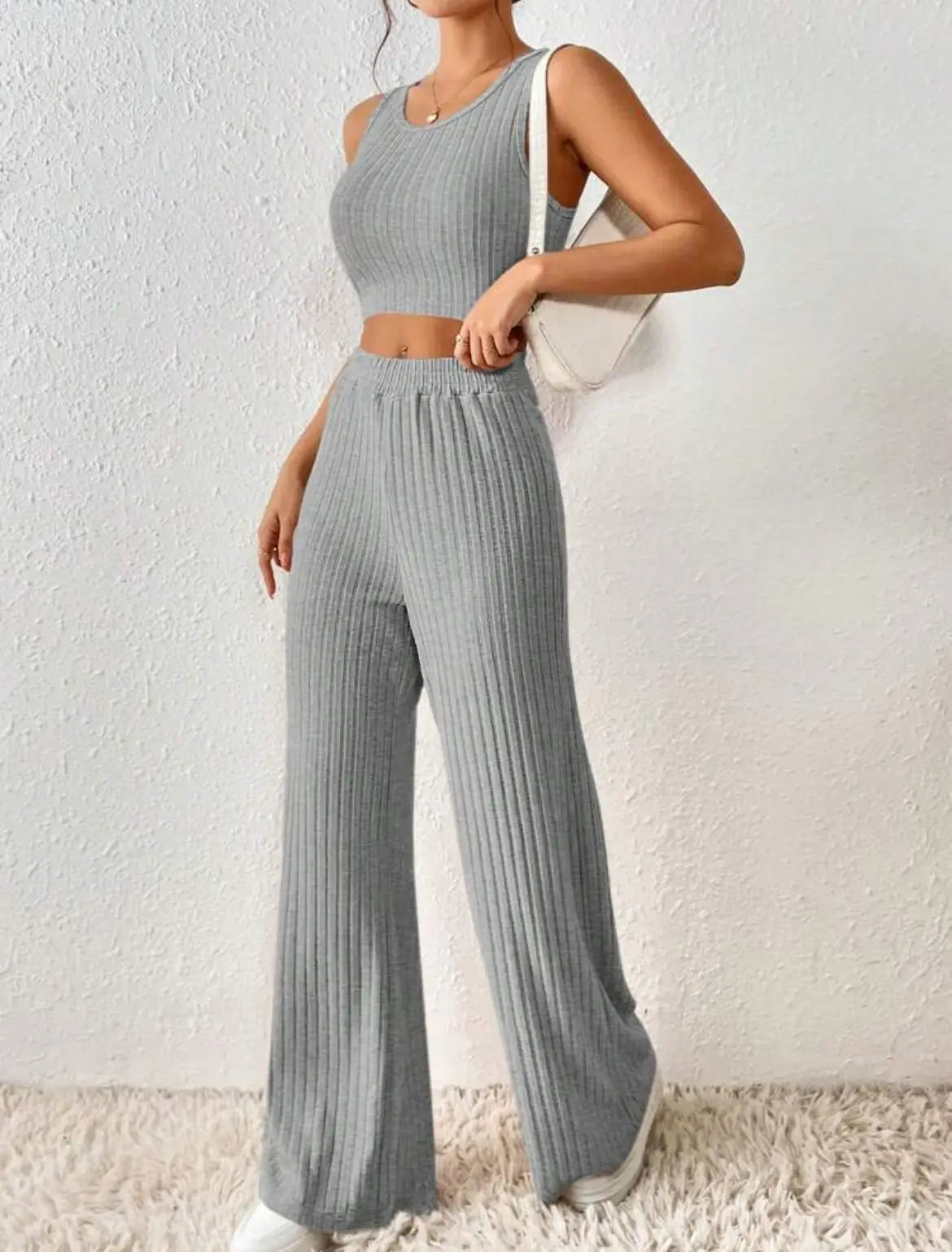 New Spring Solid Color Fashion Casual Knitted Cotton Waist Sleeveless Tank Top High Waist Pants Set For Women's Clothing.