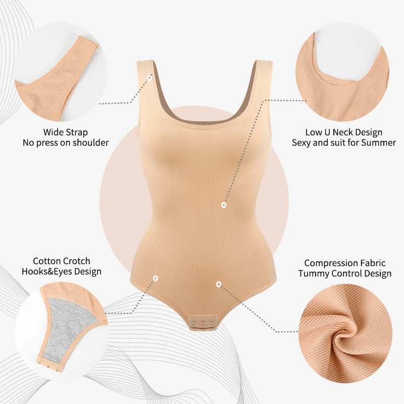 Bodysuit Women Shapewear Tummy Control Butt Lifter Body Shaper Smooth Invisible Under Dress Slimming Underwear Low Neck Jumpsuit.