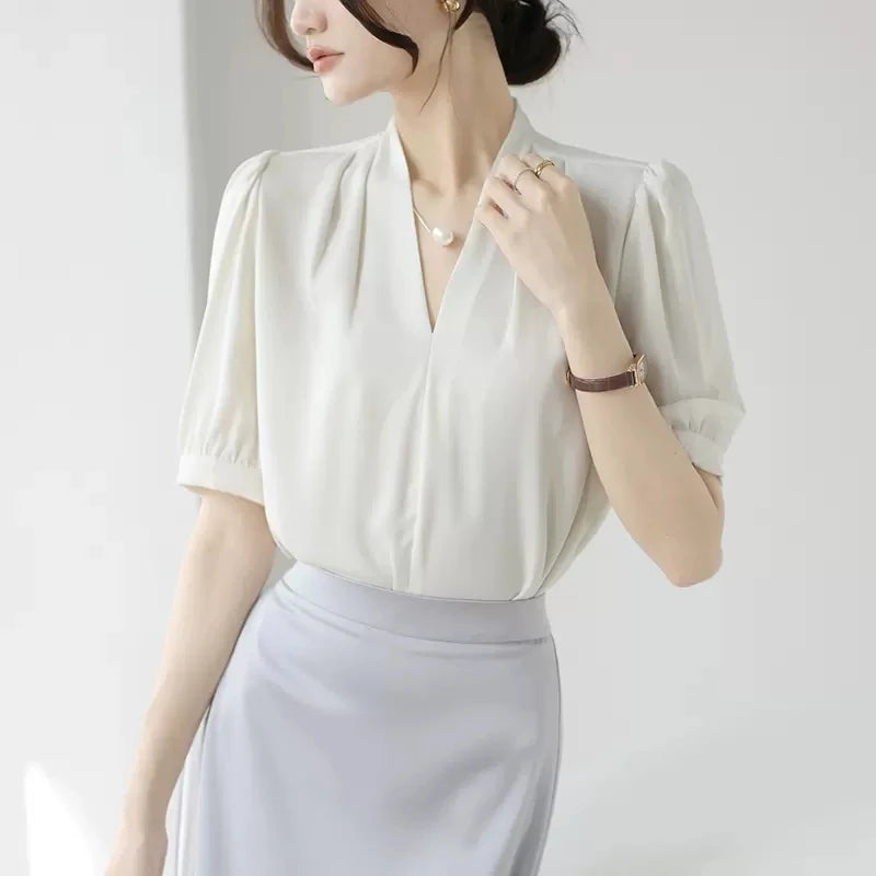 2025 Fashion Summer Short Sleeve V-Neck Women Blouse White Blouse Shirt Women Tops Blouses Shirts Blusas De Mujer Camisas P856.