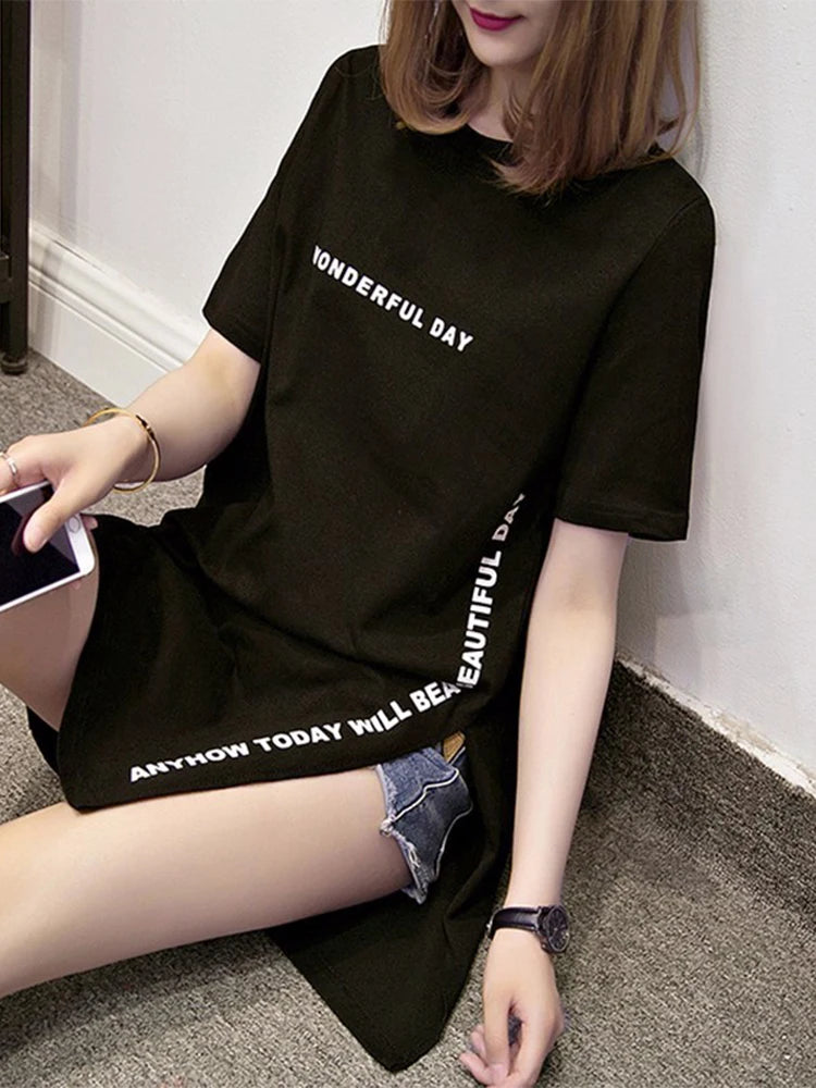WONDERFUL DAY Print Long T shirts Summer Women Loose Slit Femme Tops  Tshirt Short sleeve Ladies t-shirt.