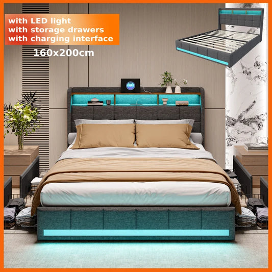 Anajqaqia 160 x 200 cm gepolstertes Doppelbett mit LED-Licht, mit Schublade, mit Aufladung