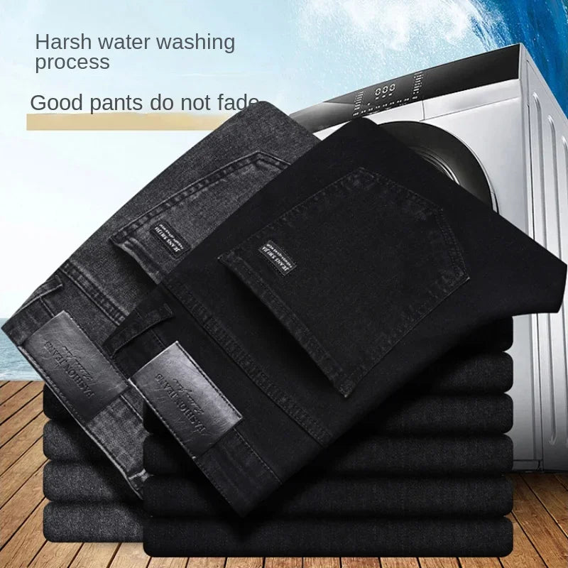 Spring Autumn New Men's Pure Black Slim Jeans Elastic Straight Pants Business Fashion Leisure Korean Vintage Denim Pants Male.