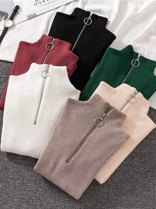 Frauen Fashion Solid Strick Pullover Vintage Langarm Zip-up Grundlegende Hälfte Rollkragenpullover Weibliche Pullover Chic Casual Tops