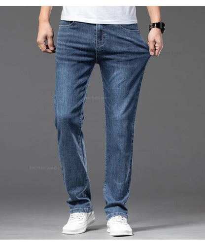 Spring Summer Thin Men's Classic Jeans Elastic Loose Straight Cotton Casual Denim Trousers Brand Clothing Business Male Pants.
