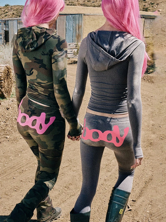 Weird Puss Letter Print 2 Piece Set Women Tracksuit Hooded Jacket+Leggings Matching Stretch Streetwear Casual Sporty Outfits.