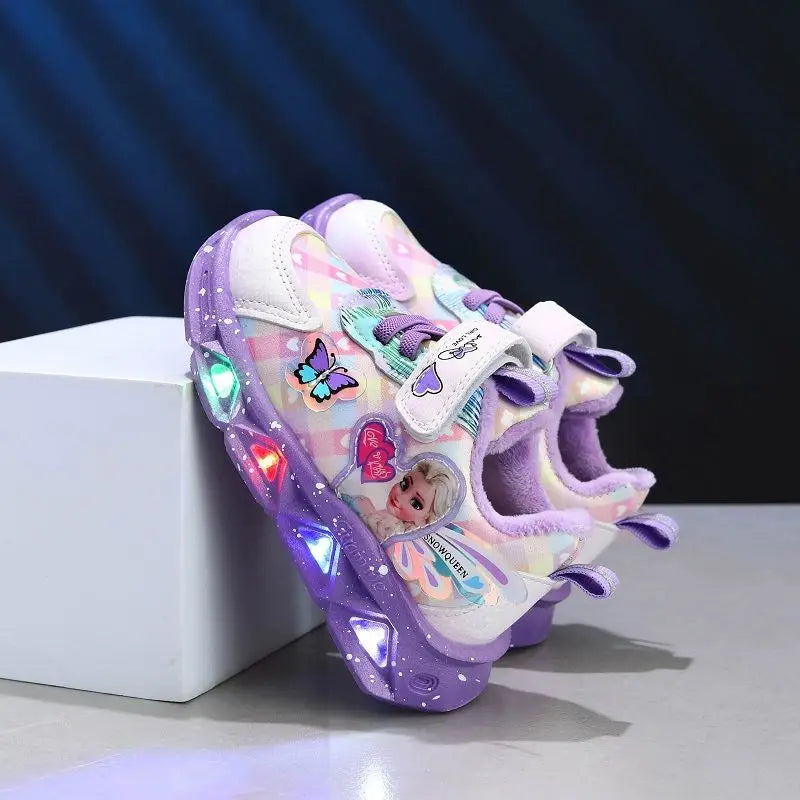 Disney LED Casual Sneakers For Spring Girls Frozen Elsa Princess Print Pu Leather Shoes Children Lighted Non-slip Pink Purple.