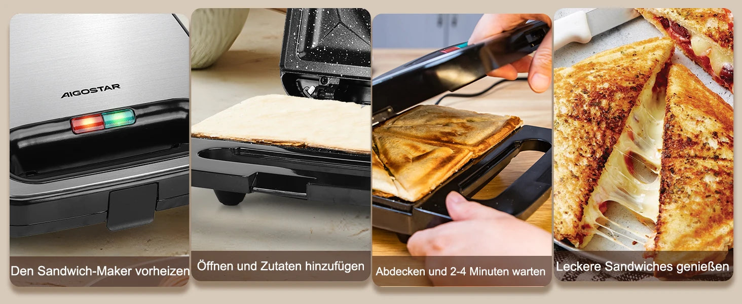 Aigostar - Toaster for 2 Sandwiches, Toaster Plate with Non-Stick Ceramic Coating, Automatic Temperature Control 180-200°C, Indi.