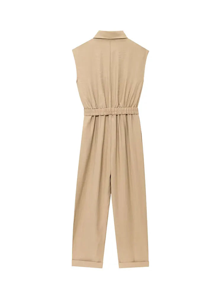 2025 Summer Vintage Casual Chic Women Jumpsuits Solid Sleeveless Belt Wide Leg Bodysuits Fashion Jumpsuit.