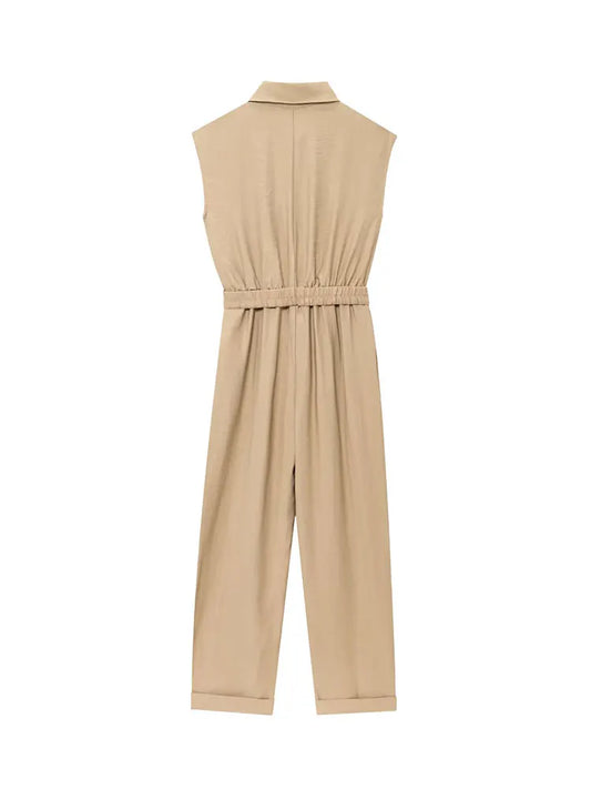 2025 Summer Vintage Casual Chic Women Jumpsuits Solid Sleeveless Belt Wide Leg Bodysuits Fashion Jumpsuit.