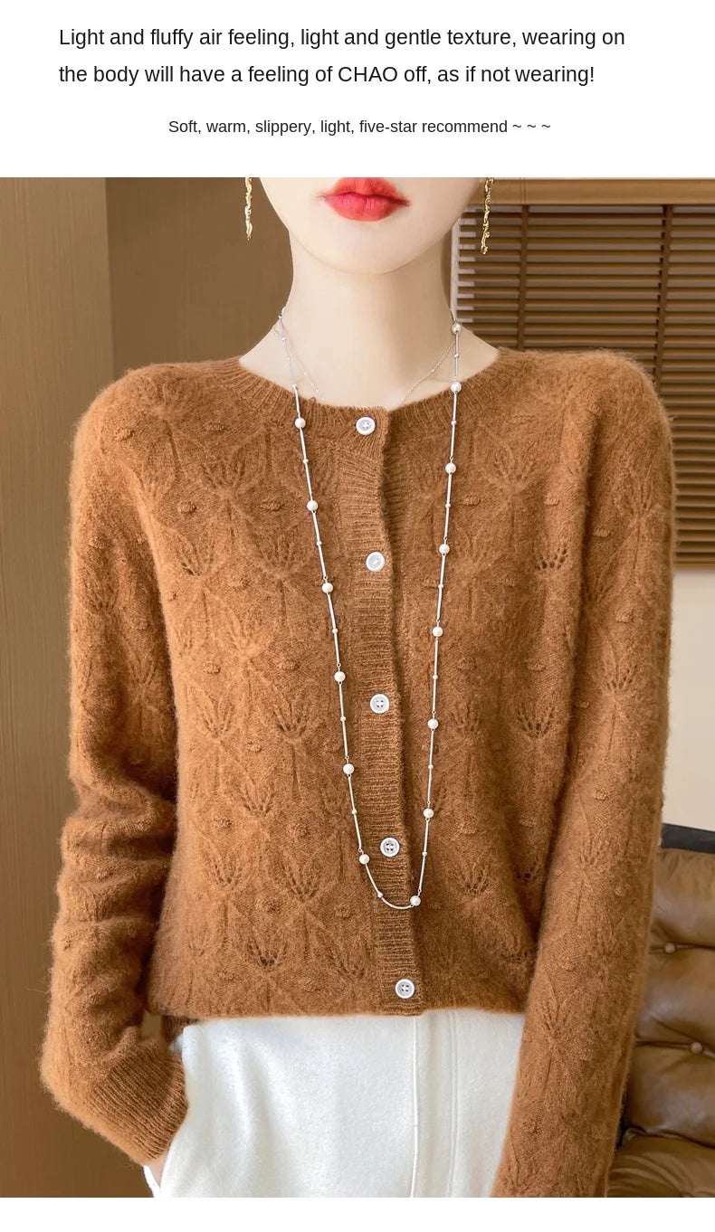 2024 Autumn And Winter New Round Neck Hollowed Out 100 Wool Knitted Cardigan Women's Versatile Coat Loose Casual Sweater DMR281.