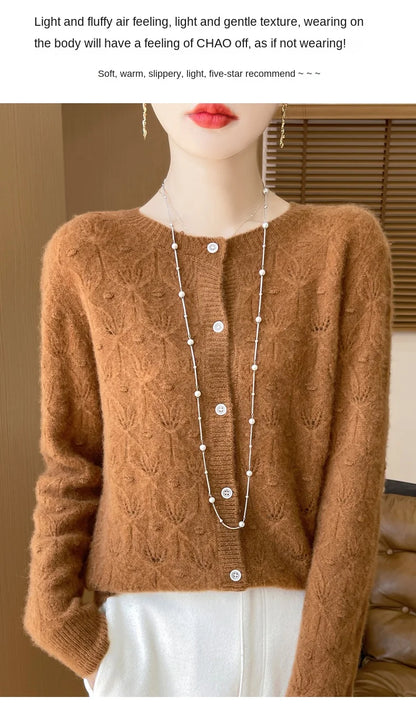 2024 Autumn And Winter New Round Neck Hollowed Out 100 Wool Knitted Cardigan Women's Versatile Coat Loose Casual Sweater DMR281.