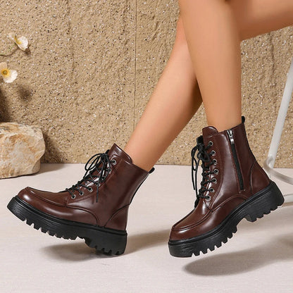 Women's Pu Leather Platform Ankle Boots Plus Size 35-42 Lace Up Motorcycle Boots Women Comfort Wide Leg Black Short Booties.