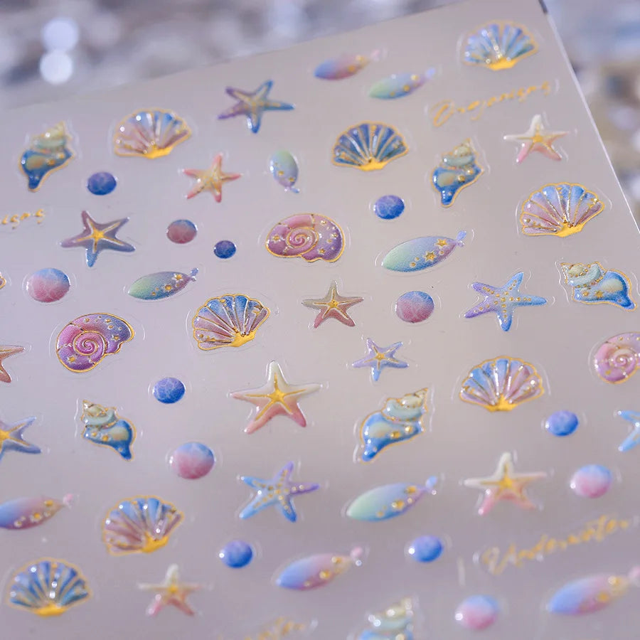 Ocean Theme 5D Nail Sticker Summer Beach Seashells Starfish Conch Scallop Shell Coral Self Adhesive Decoration Manicure Decal.