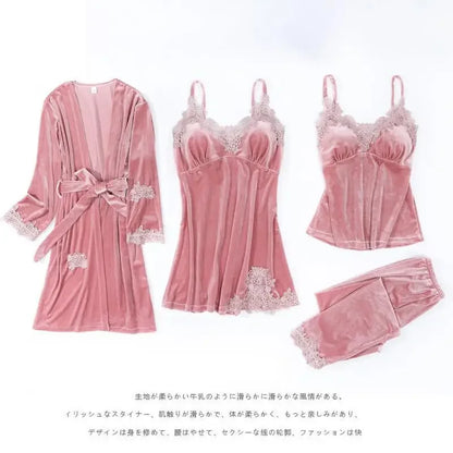 Autumn Velvet Women 4PCS Pajamas Set Sleepwear Burgundy Velour Bathrobe Nightwear Lace Patchwork Pijamas Suit Sexy Negligee