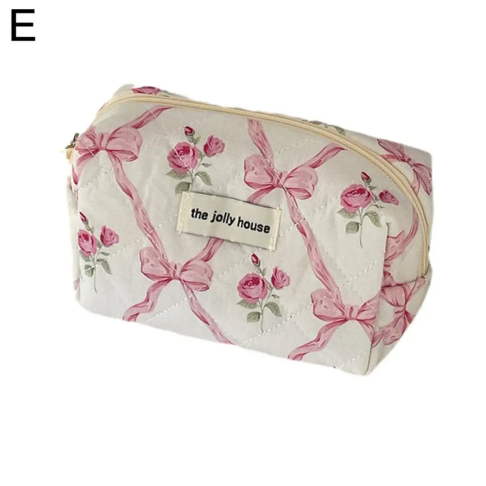 Cute Bow Flower Quilting Makeup Bag Women Zipper Cosmetic Organizer Female Cloth Handbag Portable Toiletry Case For Girls