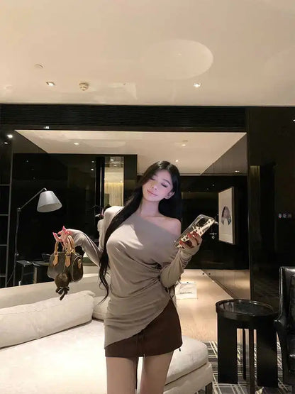 Sexy Long Sleeve T-Shirt Shoulder Bared Waist Cinched Slim Fit Knitted Cotton Solid Color Casual Urban Style for Early Autumn