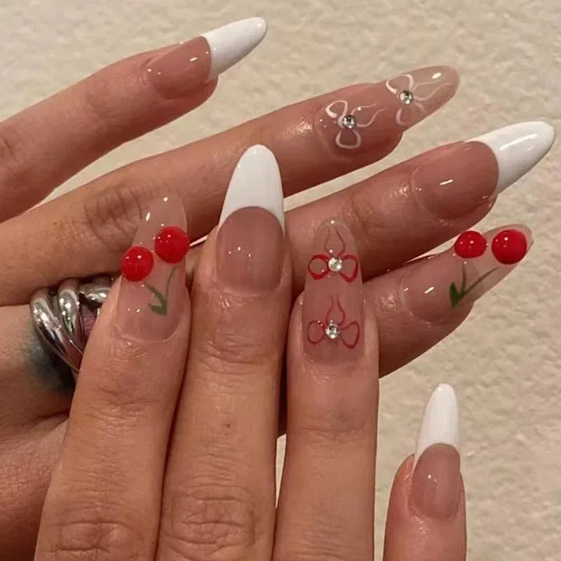 White Glitter Powder Bowknot Long Pointed Fake Nails Art Ballet False Nail Cow Print Pearl Rhinestone Pink Almond Press on Nails.