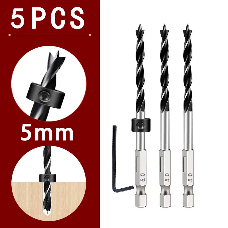 1/4 Sechskantgriff Dreizackiger Holzbearbeitungsbohrer und Tiefenanschlag-Positionierer Ring-Set Holzbearbeitungsloch Reiben Elektrowerkzeug