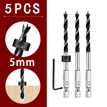 1/4 Sechskantgriff Dreizackiger Holzbearbeitungsbohrer und Tiefenanschlag-Positionierer Ring-Set Holzbearbeitungsloch Reiben Elektrowerkzeug