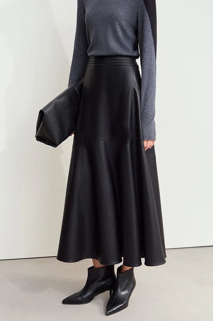 AMII Minimalist Elegant Commuter Environmentally Friendly PU Leather Skirt 2024 Winter New Women's Loose A-shaped Skirt 12444181.