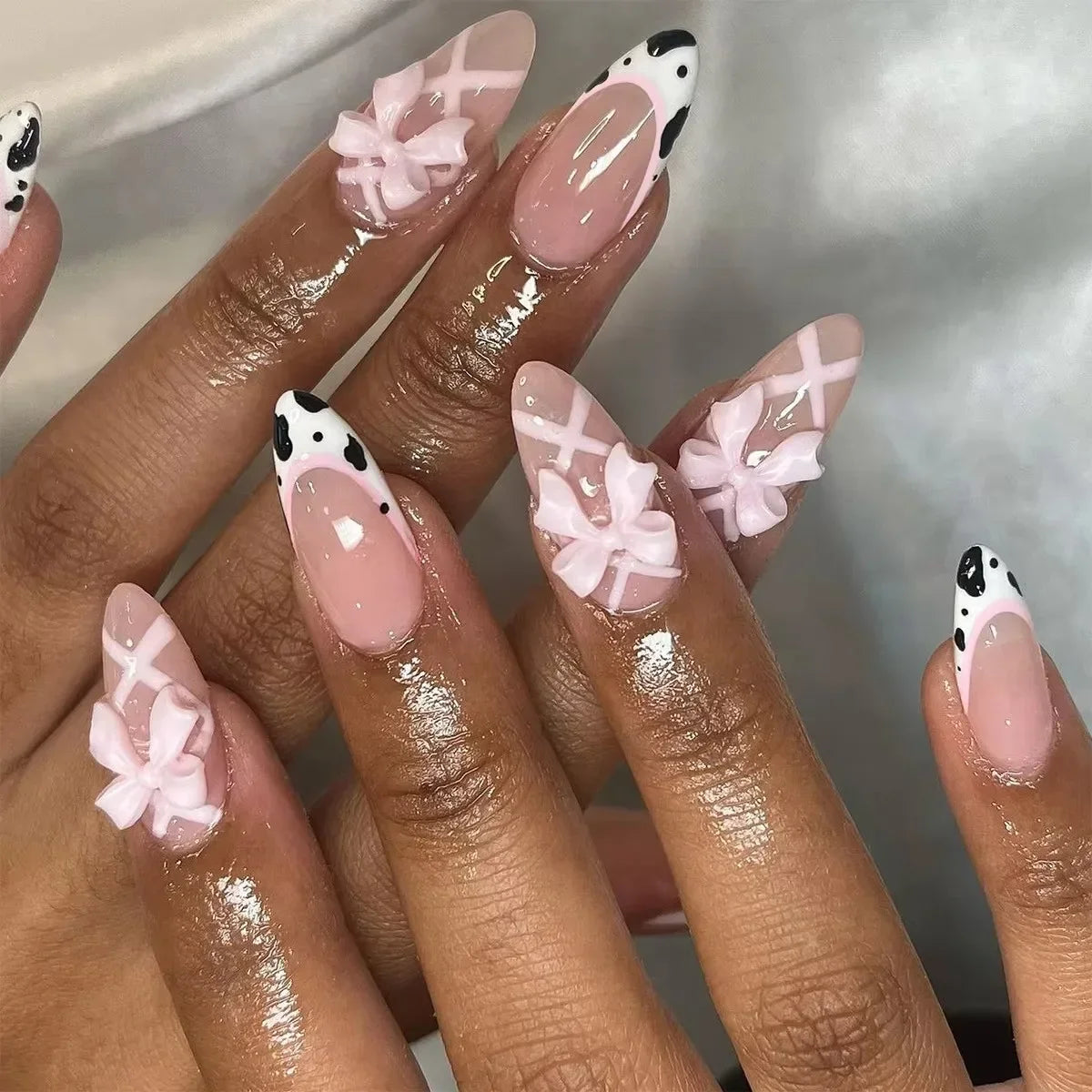 White Glitter Powder Bowknot Long Pointed Fake Nails Art Ballet False Nail Cow Print Pearl Rhinestone Pink Almond Press on Nails