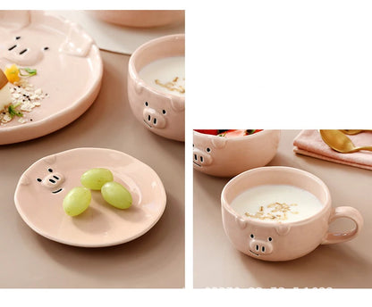 European Creative Cute Pink Pig Tableware Dishes Home Ceramic Plate Breakfast Nordic Wind Irregular Matte Plate Kitchen Utensils.