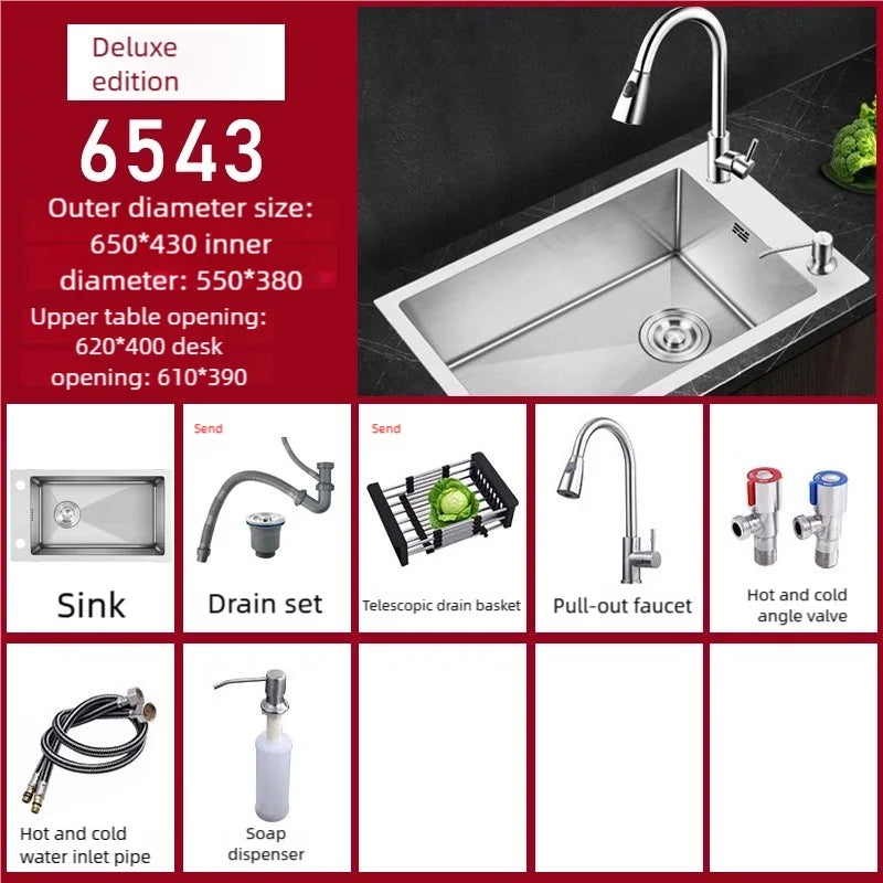 Stainless Steel Kitchen Sink Transversal Side Holes Large Size Single Slot Household Cafeteria Dish and Wash Vegetable Basin