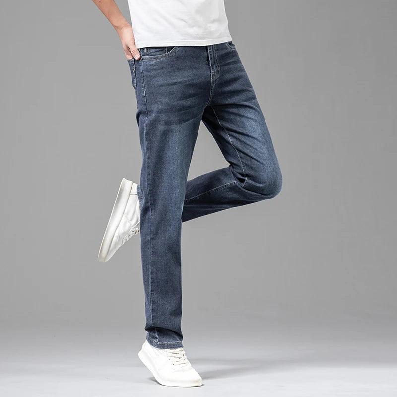 Summer Thin Men's Elastic Cotton Jeans Fashion Gray Comfortable Business Straight Casual Pants Brand Male Clothes Trousers.