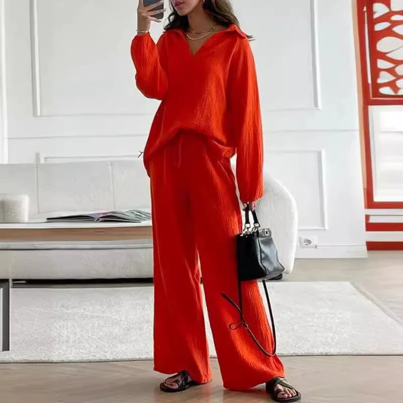 Women's Suit Solid Color Casual Loose 2025 Elegant Spring And Summer Fashion New Long-sleeved Lapel Top + Drawstring Pants Suit.
