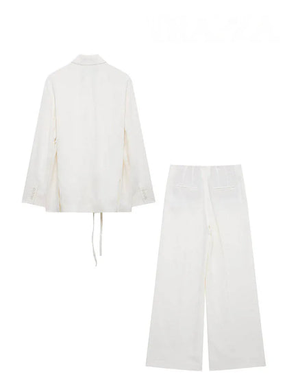 HH Women's Suits White Turn-Down Collar Long Sleeves Lace-Up Blazers+High Waist Zipper Long Pants Female Spring Fashion Sets.