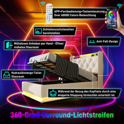 KOMHTOM Hydraulisches Lagerbett Weiß PU - 360-Surround-LED-Funktion, mit USB Typ-C Ladefunktion, ohne Matratze