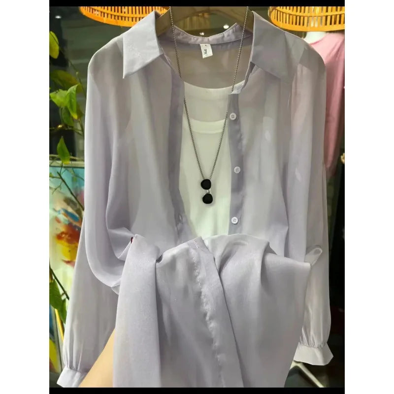 1pcs Woman Four Seasons Shirt Lady Thin Sunscreen Shirts Female Casual Long Sleeve Turn-down Collar Loose Med-Length Style Tops