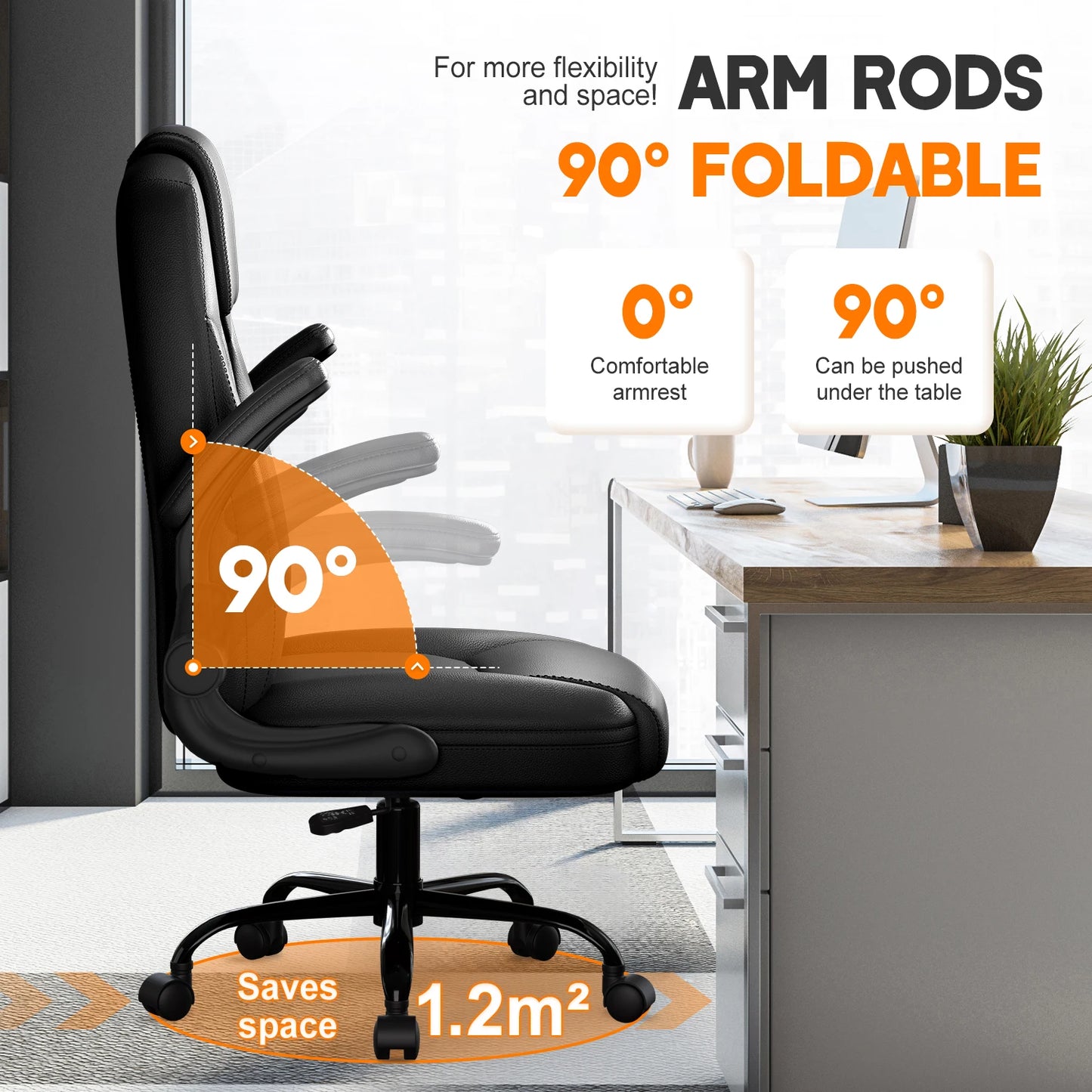 Daccormax Ergonomischer Stuhl, Premium-Leder-Bürostuhl mit weicher Polsterung, faltbare Armlehnen, höhenverstellbar für Zuhause