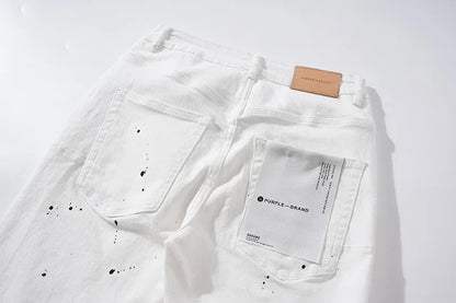Purple Brand Men's Casual Straight Leg Jeans Distressed Dye Spill Hole American Street Style High Street Long Pants.
