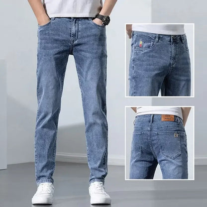 Hong Kong Summer Thin Men's Blue Jeans Slims Smooths Your Silhouette Feet Stretchy Korean Style Light Color Versatile Pants.