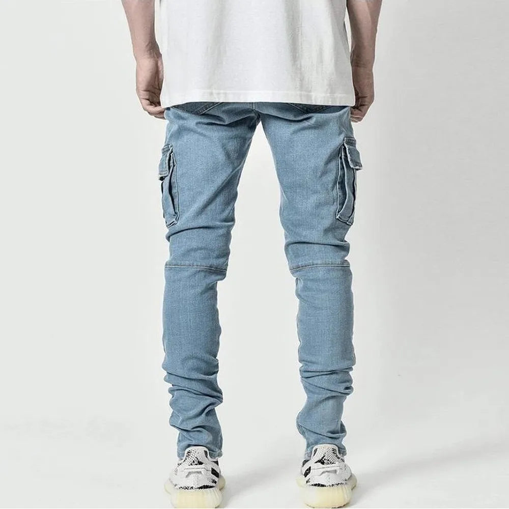 Street Elastic Jeans Men Denim Cargo Pants Wash Solid Color Multi Pockets Casual Mid Waist Trousers Slim Fit Daily Wear Joggers.