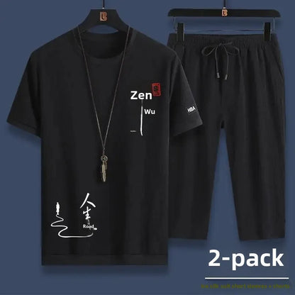 Summer Casual Ice Silk Short Sleeve T-Shirt Shorts Set for Men Fashionable Two-Piece Outfit Lightweight Sportswear Combo