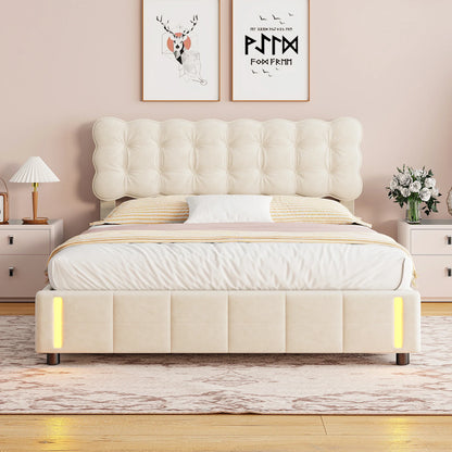 Rosahqnda Polsterbett 160 x 200 cm, Doppelbett mit LED, hydraulisches Stauraumbett, geeignet für Schlafzimmer, Mädchen, Erwachsene, Beige, Samt