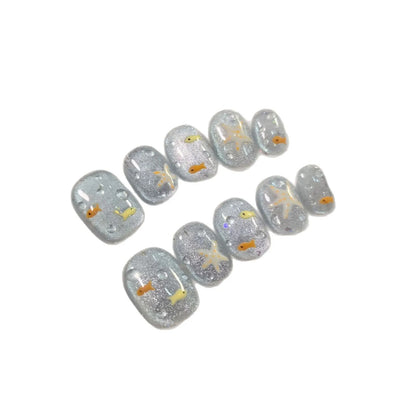 10pcs/set Handmade Press-On Nails - Blue Glossy Fish & Bubbles Design Short Oval Fake Nails with Cat Eye Effect False Nails.